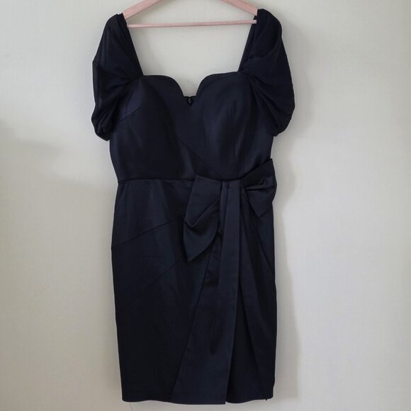 Catherine Malandrino Dresses & Skirts - Catherine Malandrino Satin Dress XL Black Mini Lined Chiffon SS Bow LBD Cocktail